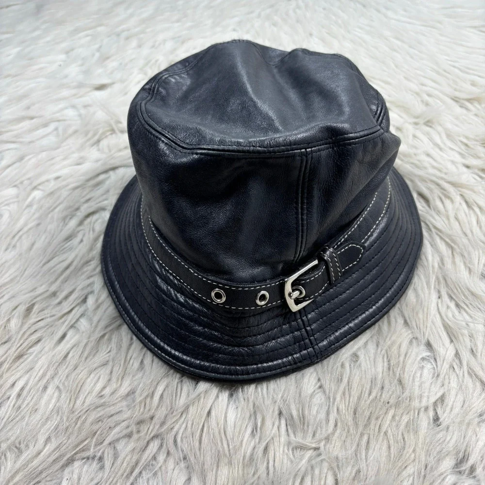 Vintage Y2K Coach Women's S Black Leather Bucket Hat Designer Cool Girl Street
